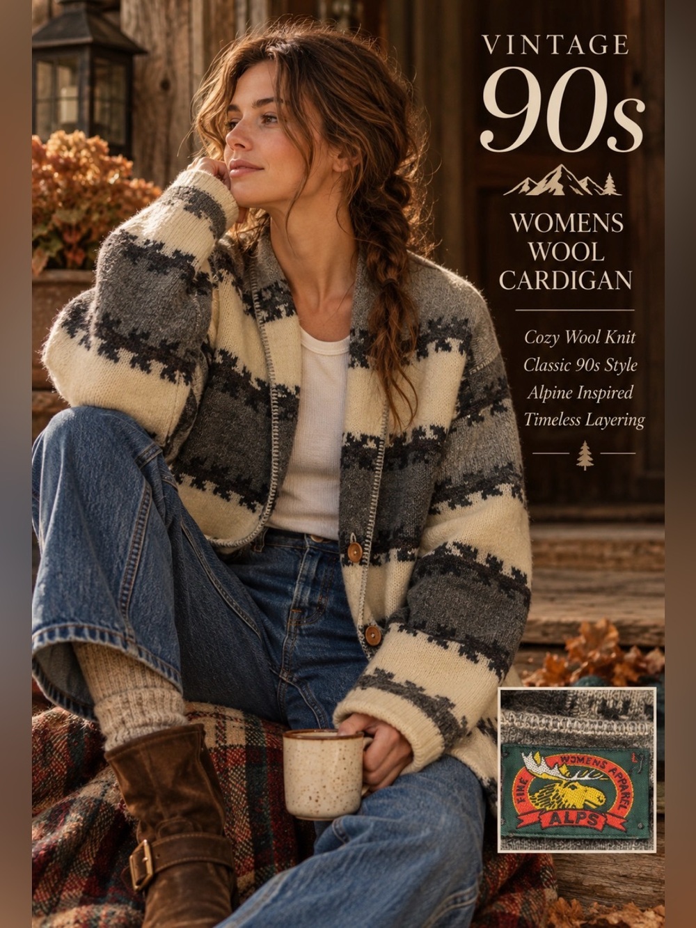ALPS -Vintage 90s -Women's Wool Cardigan - Cream & Gray - large